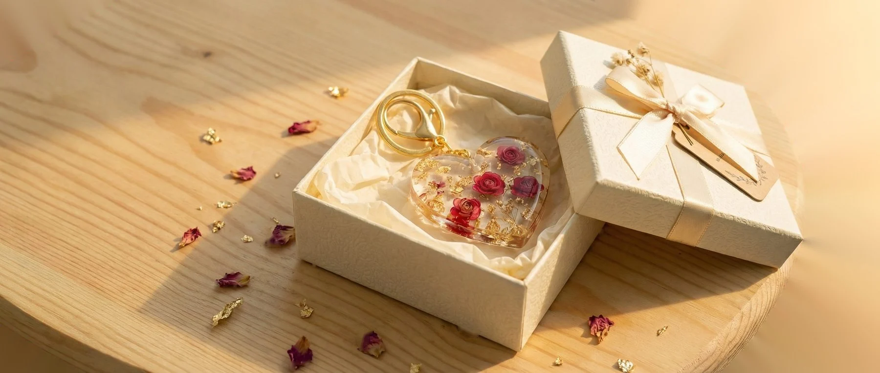 Packaging shot — keychain in gift box with branding. 800x280px