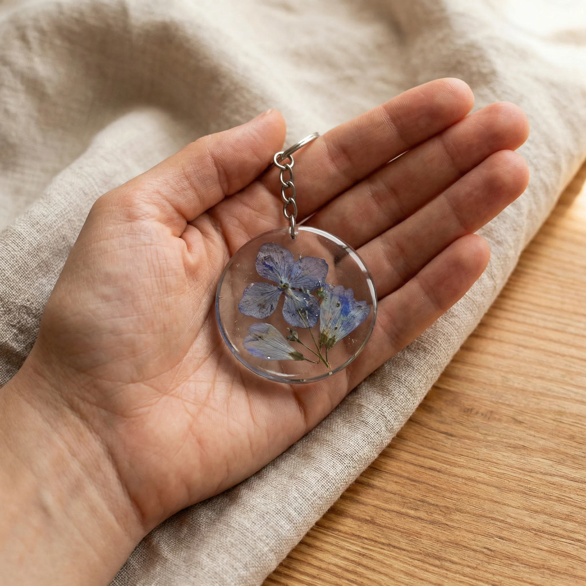 One keychain held in hand. 200x200px