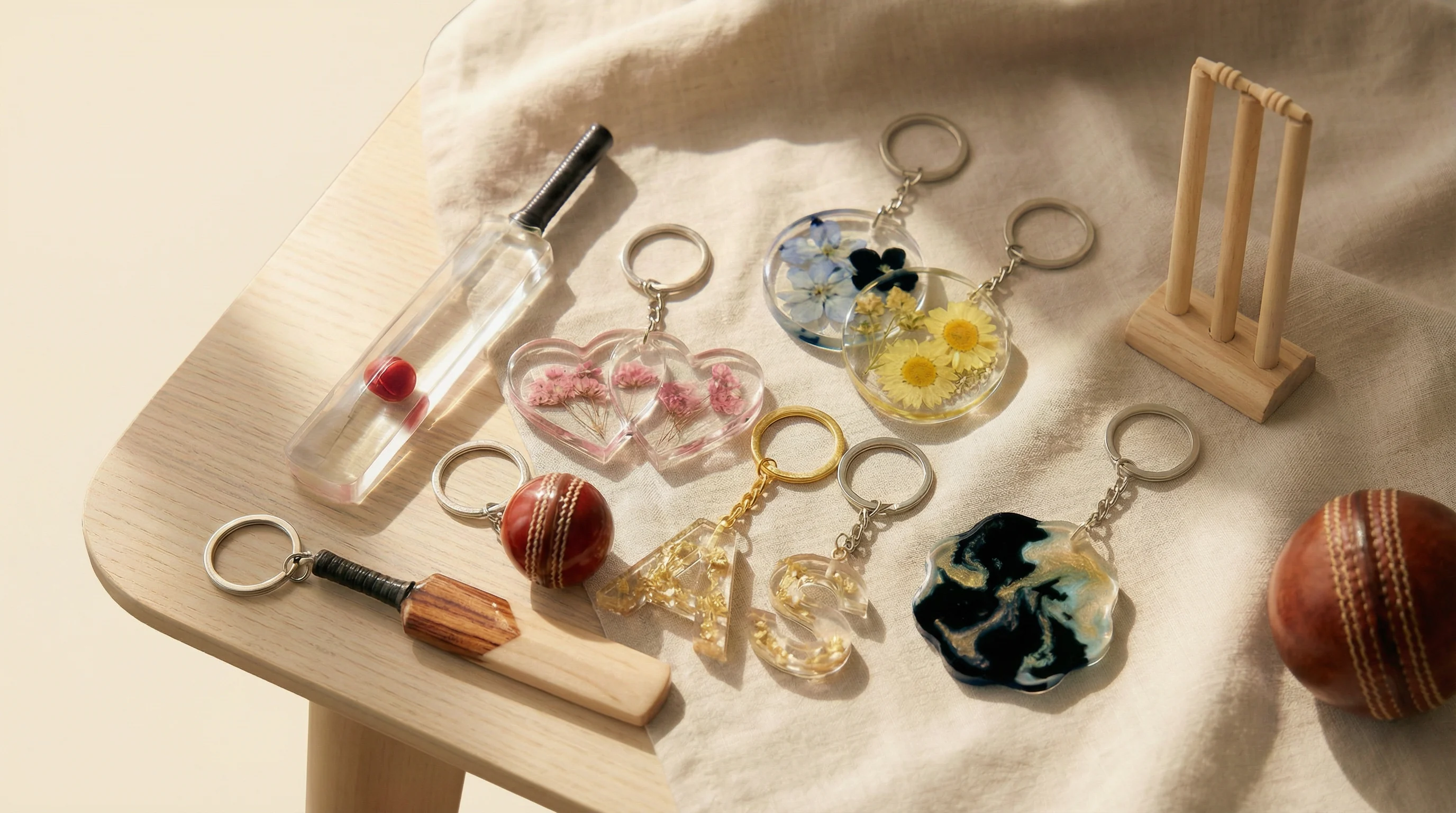 3-4 cricket keychains arranged together. Show bat, ball, stump designs. 600x260px