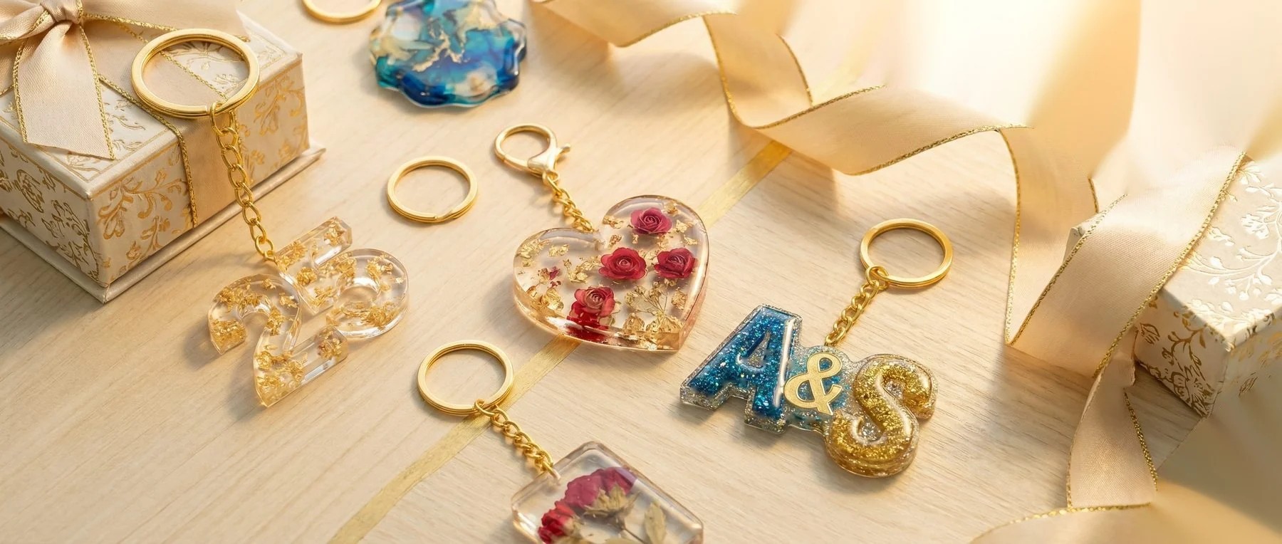 Birthday, anniversary, and festival themed keychains with gift packaging. 600x260px