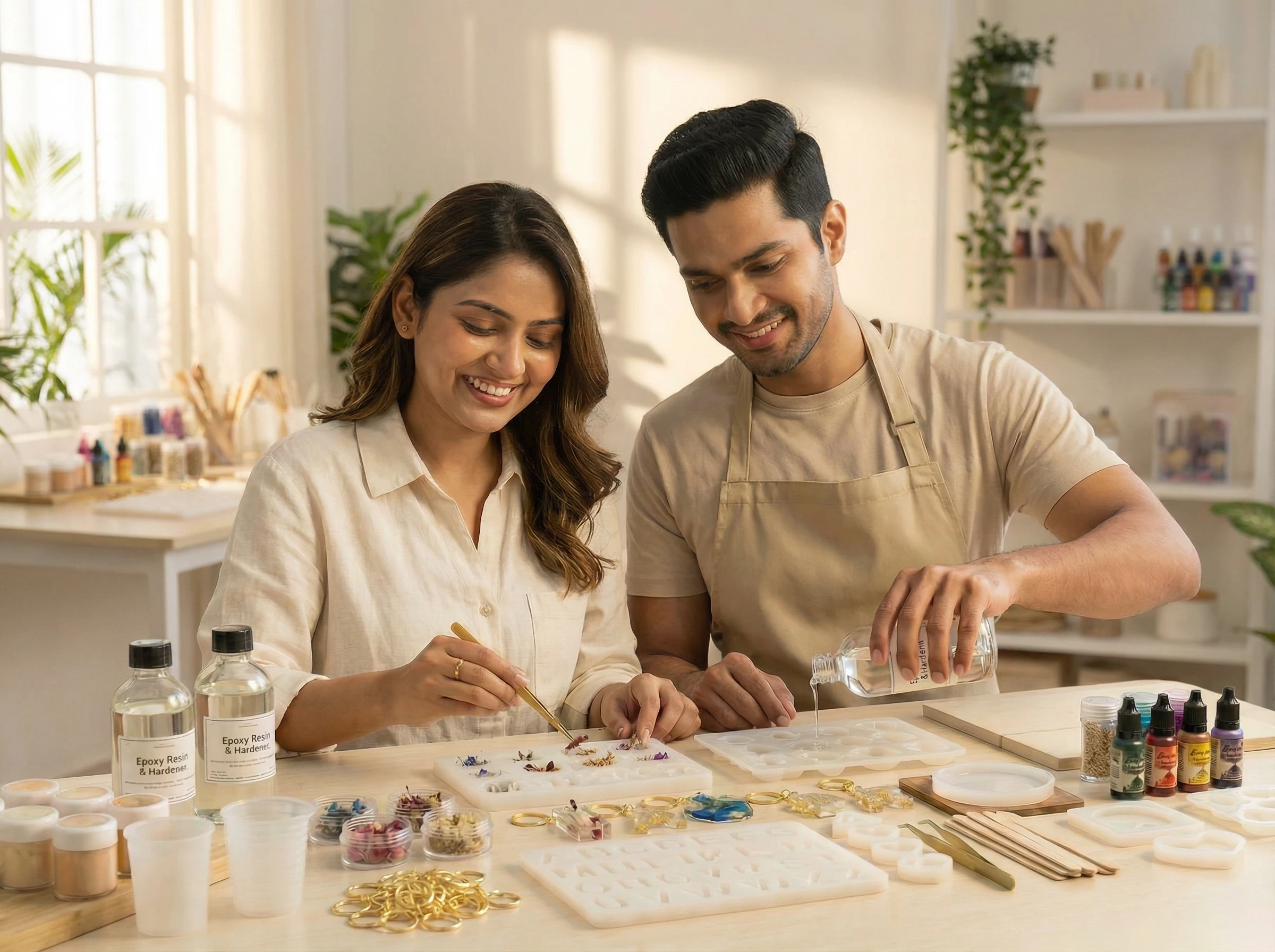 You and your wife working at your resin table together. Natural light, relaxed setting. 600x420px